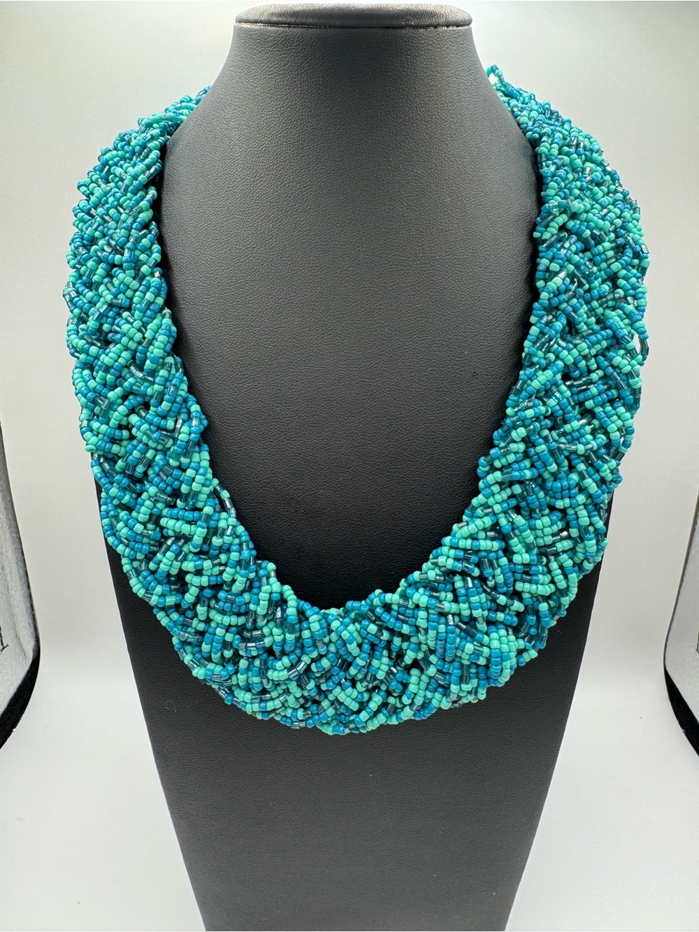 Handwoven Teal & Blue Seed Beaded Statement Necklace - Women Jewelry